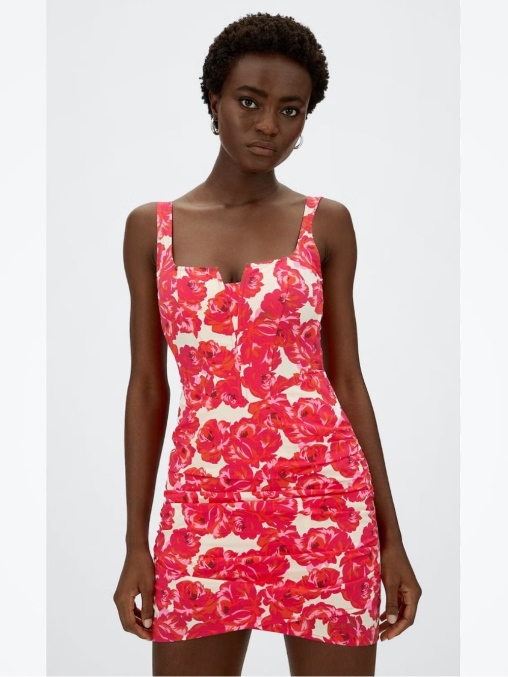 stradivarius Pink and Off White Floral Bodycon Mini Dress with Ruching Size L